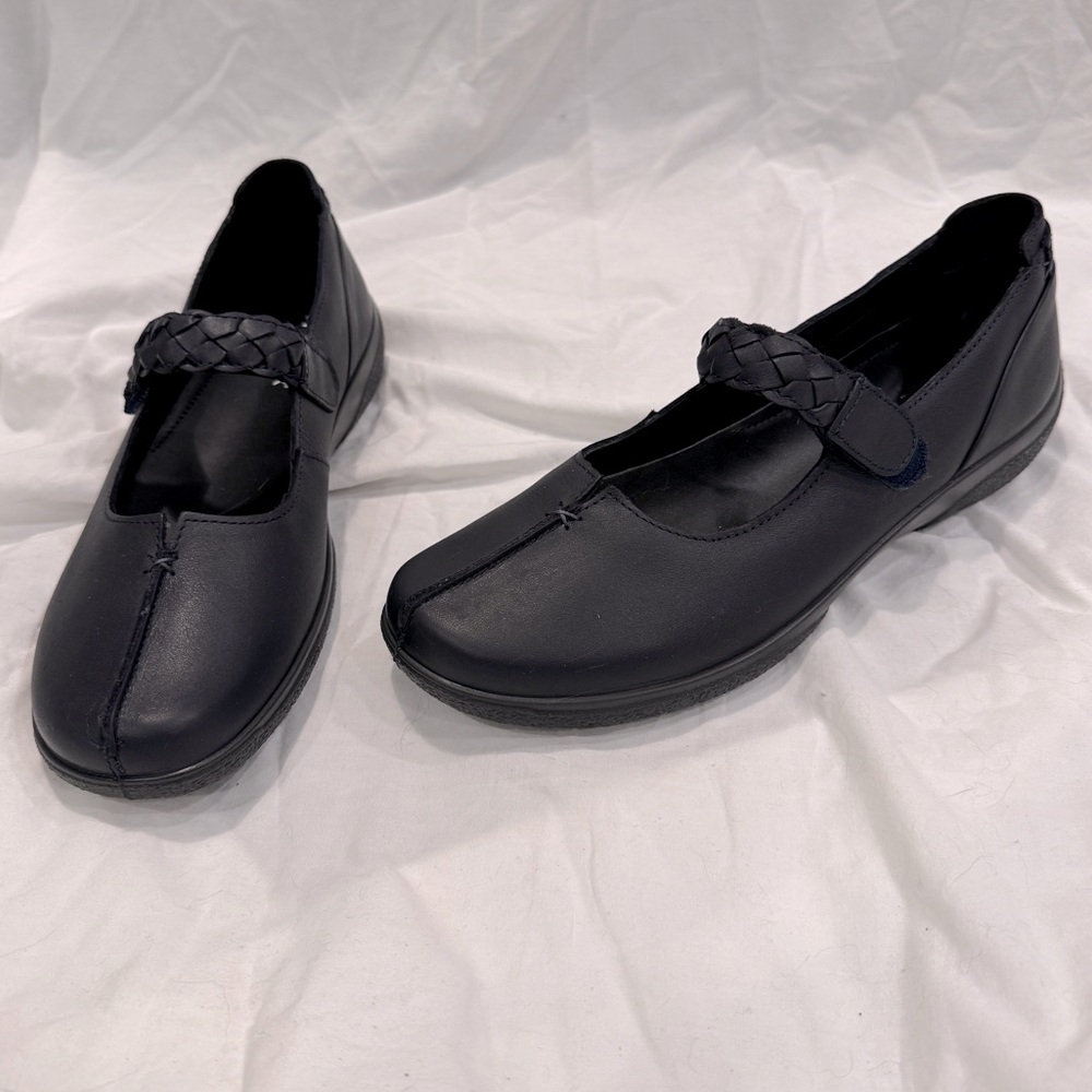 Hotter navy leather Mary Janes with Velcro fastener.